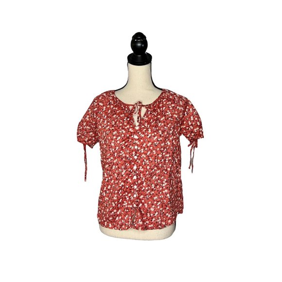Universal Thread Red Floral Print Tie Neck Short Sleeve Top Women's Size Small S - Picture 7 of 7